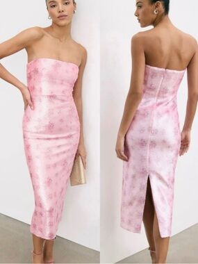 LoveShackFancy Stasia Sequin Floral Strapless Pink Cocktail Midi Dress NEW